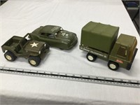 3 army vehicles - Tonka, Buddy L, and friction car
