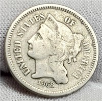 1868 Three Cent, Nickel VF