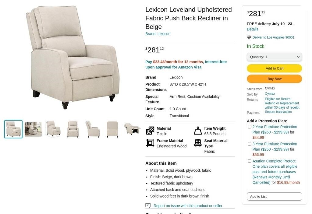 W8651  Lexicon Loveland Fabric Recliner, Beige