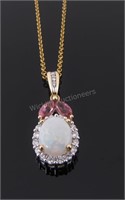 14K Opal, Diamond, Pink Tourmaline Pendant, Chain