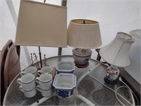 3 Table Lamps, 2 Chinese Planters & 8 Mugs