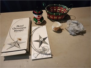 Ceramic snowman , basket, ornament hanger, noel