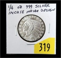 Incuse Indian Head .999 Fine silver round,