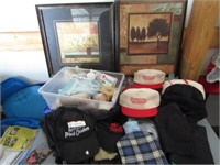 FOLD CARD TABLE, HATS & FRAMED PICTURES AND MORE