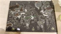 Large print block - metal on wood, world map,
