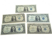 Five $1 U.S. Silver Certificates paper money