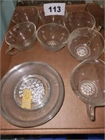 LOT GLASS CUPS AND SAUCERS- BEADED PATTERN ON
