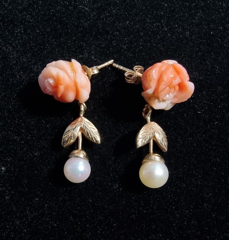 10K YELLOW GOLD CORAL & PEARL EARRINGS