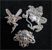 TRIO OF STERLING SILVER ART NOUVEAU BROOCHES