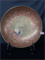 Antique Enameled Solid Brass Peacock Bowl