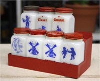 1950'S METAL SPICE RACK & MILK GLASS SPICE JARS