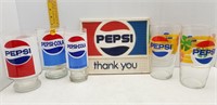 5 LARGE PESI COLA GLASSES & PEPSI BAR MAT