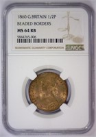 GREAT BRITAIN: 1860 Half Penny BB NGC MS64 RB
