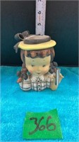 School Girl Yellow Hat Braids Head Vase