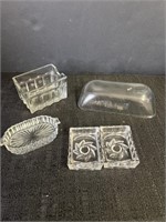 Misc clear glass items.  Butter dish cover, 2 mini