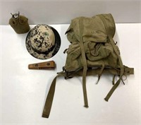 1942 US Army WWII backpack, canteen & a helmet