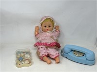 Vintage toys, wooden baby mobile pieces, blue