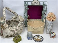 Assortment of decor, cloth basket, wicker