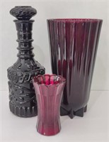 Black Glass Decanter (10.5") & Ruby Glass Vases