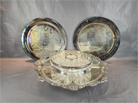 2 Silver Plated Trays, 1 Tray on Stand
