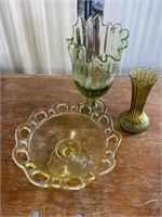 Fenton Thumbprint Vase, yello lace Pedestal Bowl