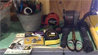 Group lot of tools, tape measures, hammer, pencil