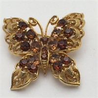 Gold Tone Butterfly Brooch W Brown Rhinestones