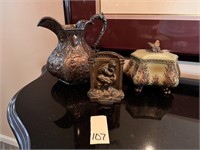 Cast Iron Book End, Tin Pitcher & Trinket Box