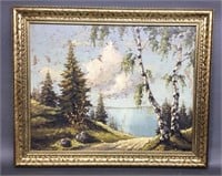 Old Oil on Canvas Lake Wood Picture