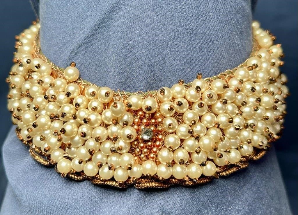 Mid Century Bronze Beaded Pearl Collar Choker