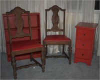 5 pcs. Red Painted Chest, Shelf & Side Chairs