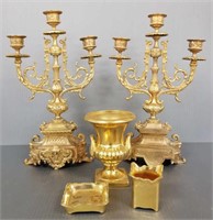 Pair of ornate gilt metal candelabra & 3 piece