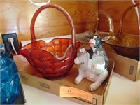FLAT WITH RED HANDLED BASKET AND COW S & P