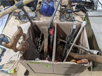 BOX OF AXE, PIPE WRENCH, CLAW, CRIMP WRENCH ETC