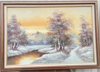 Snowy Forrest by a Mountain Scene