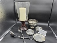 Candle holder, pewter berry bowl and more