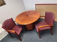 Round office table w/ 2 chairs & tack board