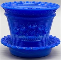 Fenton MMA Blue Art Glass Flower Pit w/ Saucer