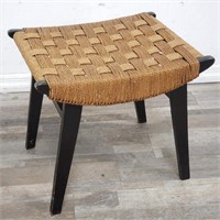 Vintage wooden stool with woven rope seat