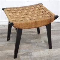 Vintage wooden stool with woven rope seat