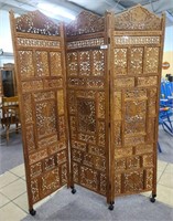 Wood scroll work three section room divider