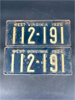 1926 WEST VIRGINIA LICENSE PLATE #112191 PAIR