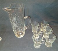 Etched Glass Vase w/6 handled glasses