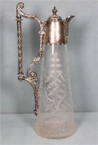 Victorian Etched Glass Silverplate Wine Decanter