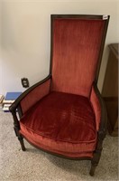 VELVET HIGH BACK ARMCHAIR WOOD FRAME 1960'S GOOD