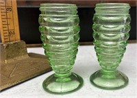 Green depression glass shakers no tops