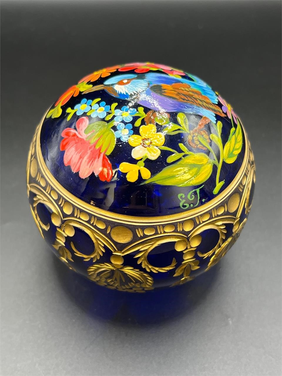 Cobalt hand etched and painted russian art glass