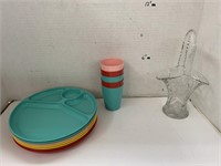 Glass Basket and Plastic Plates and Cups