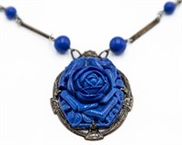 Nouveau Czech Blue Glass Floral Necklace