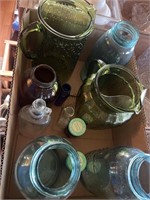 Green depression glass pitchers, vintage blue 1/2